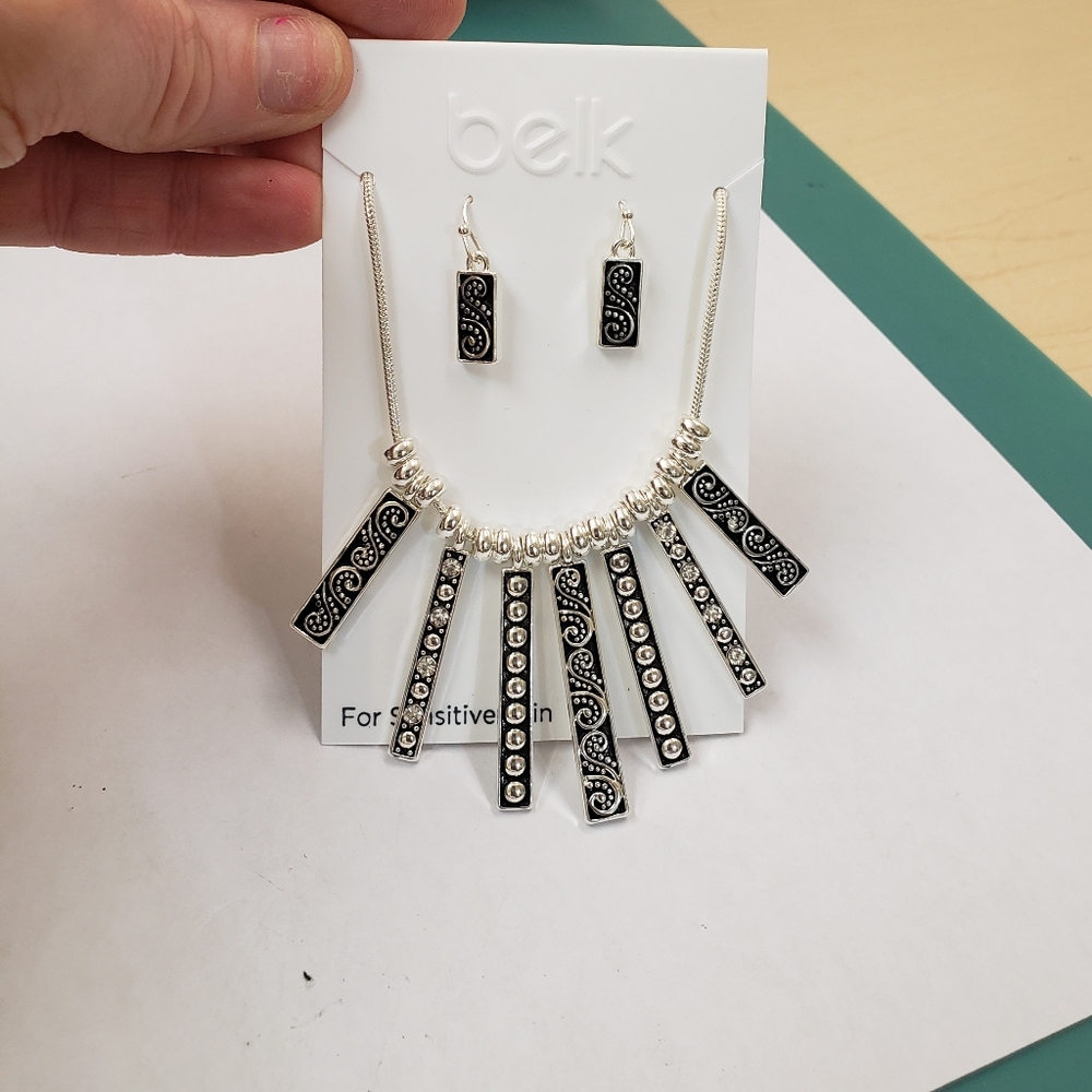Belk Necklace earring set, sensitive skin, silver tone black textured bar dangle - Picture 4 of 10